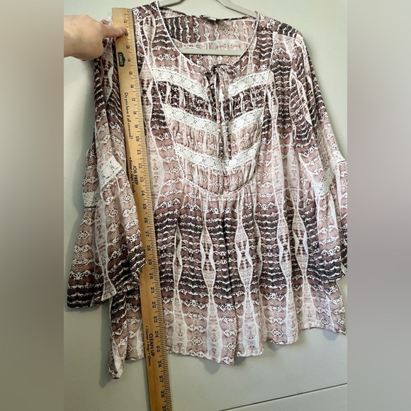 Haute Hippie Tribal Harlan White & Brown Bell Sleeve Large Boho Blouse - Picture 5 of 9